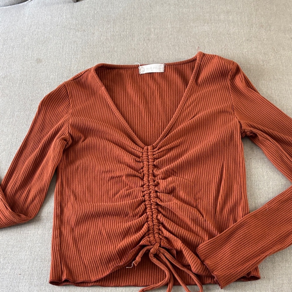 Altar'd State Terracotta Ribbed V-Neck Top